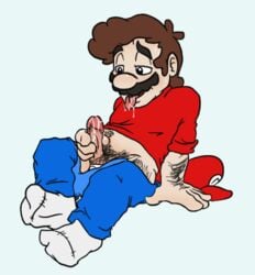 1boy blue_eyes brown_hair clothed clothing color cum cum_on_penis digital_media_(artwork) feet full_body hairy hat hat_removed headgear koopakinky85 male male_only mario mario_(series) masturbation moustache nintendo overalls penis pleasure_face pubic_hair red_shirt sitting socks solo solo_male sweat testicles