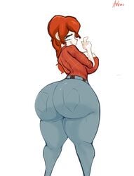 adomo ass atomboi_(artist) big_ass breast curvy freckles gigantic_ass head_tilt huge_ass jeans pants pantylines red_hair thick_ass thick_thighs thin_waist tight_clothing tight_jeans tight_pants tongue_out turning white_background wide_hips