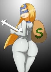 ass blonde_hair breasts femme_fatale_(powerpuff_girls) gun long_hair money_bag oddrich powerpuff_girls thighs venus_symbol white_suit