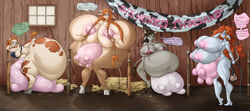 anthro barn big_breasts big_udders blue_eyes bovine bra breasts brown_hair fat furry hay hooves horns huge_udders hyper hyper_ass hyper_udders large_ass large_hips large_nipples milking_machine multi_breast multiple_girls obese red_hair sign spiralingstaircase text thick_thighs thighs udders