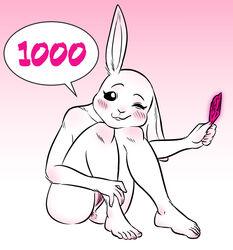 2020 anthro anus beastars blush condom daimo domestic_rabbit feet female front_view genitals haru_(beastars) hi_res holding_condom holding_object humanoid_feet humanoid_hands lagomorph leporid looking_at_viewer mammal nude one_eye_closed oryctolagus pink_theme pussy rabbit sexual_barrier_device sitting solo speech_bubble wink wrapped_condom