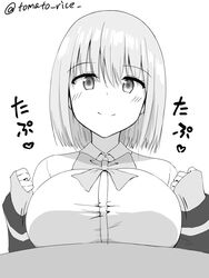 1boy bangs blush breast_squeeze breasts eyebrows_visible_through_hair female greyscale highres implied_paizuri jacket large_breasts looking_at_viewer monochrome paizuri paizuri_under_clothes pov shinjou_akane shirt short_hair simple_background solo solo_focus ssss.gridman straight tomato_rice twitter_username white_background