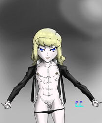 bare_chested bedroom_eyes blonde_hair blue_eyes business_suit coochcoach gay louis_cyphre male male_only nipple_piercing pale_skin penis shin_megami_tensei smile wide_hips