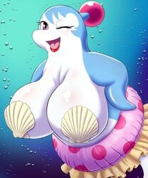 1girls beauty_mark big_breasts bomberman_jetters breasts busty_feral cetacean dolphin dolphin_bomber eyelashes female feral gotobeido huge_breasts licking lipstick makeup mammal marine open_mouth purple_eyes shell_bra smile straight tongue tongue_out underwater water