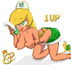 1girls ass blonde_hair breast_grab dildo karrobyte kneeling koopa koopa_girl koopa_troopa mario_(series) nintendo pixel_art solo super_mario_bros. super_mario_bros._(nes) tongue_out white_background