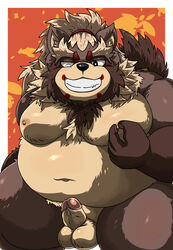 2020 anthro balls belly black_nose brown_body brown_fur canid canine erection fur genitals goemon_(tokyo_afterschool_summoners) hi_res humanoid_hands kemono male male_only mammal moobs navel nipples one_eye_closed overweight overweight_anthro overweight_male penis raccoon_dog solo tanuki tokyo_afterschool_summoners video_games wink yamatoji201