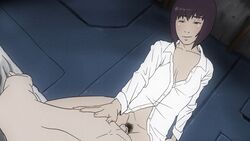 1boy 1girls bottomless cleavage cowgirl_position eccentrix female ghost_in_the_shell ghost_in_the_shell_sac_2045 human human_only kusanagi_motoko light-skinned_female light-skinned_male light_skin male pubic_hair purple_hair shirt short_hair smile straight tagme temon unseen_male_face