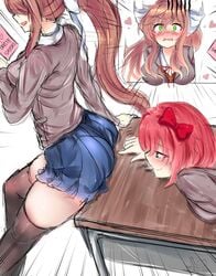 2girls ahegao ass blue_eyes brown_hair bubble_ass bubble_butt bullying clothed crunnix desk doki_doki_literature_club female_only female_pervert finger_in_ass fingering from_behind green_eyes hair_ornament hair_ribbon heart huge_ass imminent_penetration implied_penetration light-skinned_female light_skin long_hair monika_(doki_doki_literature_club) pale-skinned_female pale_skin pervert pink_hair poking ponytail revenge ribbon sayori_(doki_doki_literature_club) school_uniform short_hair sitting sitting_on_desk teasing thick_thighs thighhighs thighs yuri