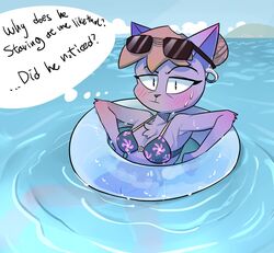 anthro beach bikini blush bodily_fluids bottomless catmom_(character) clothed clothing domestic_cat eyewear felid feline felis female genitals hi_res inflatable inner_tube mammal passigcamel pussy sea seaside solo speech_bubble sunglasses sweat swimwear text water