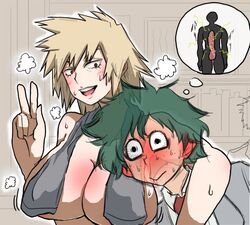 1boy 1girls arm_around_neck big_breasts blonde_hair bloody_nose blush breasts embarrassed female green_hair izuku_midoriya milf mitsuki_bakugou my_hero_academia older_female older_woman_and_younger_boy peace_sign red_eyes tagme thought_bubble towel tzw999 v younger_male