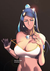 1girls aged_up big_breasts black_background blue_eyes blue_hair dark_blue_hair earrings eye_contact female harstfazn huge_breasts