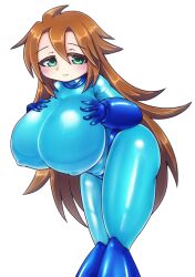 1girls artist_request bodysuit brown_hair enna_ant green_eyes huge_breasts long_hair mega_man mega_man(classic) mega_man_(character) nipple_bulge roco_(sulfer-kokegitsune) rule_63 tagme