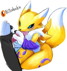 1boy 1girls anthro beelzemon blitzdrachin blowjob blue_eyes canid conditional_dnp digimon digimon_(species) digimon_tamers fellatio female genitals hetero hi_res male mammal oral patreon penis renamon seven_great_demon_lords sex straight