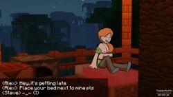 1girls alex_(minecraft) bed breasts breasts_out brown_pants character cubic_body dialogue english_text female female_only green_eyes green_t-shirt looking_at_viewer minecraft oc orange_hair outdoors ponytail shoes solo steve_(minecraft) tagme theidiotmuffin