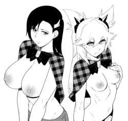 2girls black_hair bleach breasts burn_the_witch cape capelet duo horn_ornament large_breasts long_hair multiple_girls ninny_spangcole noel_niihashi small_breasts tesu topless topless_female twintails