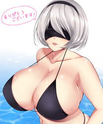 1girls bare_shoulders bikini_top black_bikini_top blindfold blush breasts cleavage ekikyabe female female_only female_protagonist high_resolution huge_breasts japanese_language japanese_text large_breasts light_smile mole mole_under_mouth nier:_automata nier_(series) partially_submerged silver_hair solo solo_female speech_bubble text water wet yorha_2b