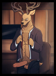 1boy 2020 anthro balls beastars big_penis brown_body brown_fur cervid cervine chair chest_tuft clothed clothing delirost desk eyewear fur furniture genitals glasses hi_res looking_down male male_only mammal narrowed_eyes necktie office office_chair oguma_(beastars) open_clothing open_suit open_topwear partially_clothed penis pubes solo squint suit television topwear tuft unbuttoned uncut unzipped