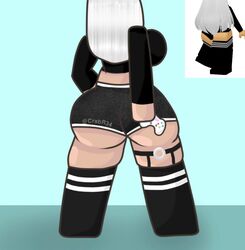 1girls 2d arm_behind_back artist_name ass back_view big_ass big_breasts black_clothing black_legwear black_shirt black_shorts black_sleeves black_thighhighs blue_background breasts clothed clothed_female controller crabr34 crop_top female female_only gamer gamer_girl legwear long_sleeves reference_image roblox roblox_avatar robloxian shirt shorts sideboob simple_background sleeves solo standing stocking tan-skinned_female tan_skin thick_thighs thighhighs thighs twitter_username watermark white_hair white_stripes