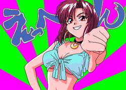 1girls 90s animahjong animahjong_x animated bare_arms bare_shoulders bob_cut breasts choker cleavage clothing ear_ring earrings eyebrows_visible_through_hair female female_only game_cg green_background grin hand_on_hip japanese_text looking_at_viewer lowres medium_breasts midriff miyabi_(anihmahjong) navel purple_background purple_hair red_eyes short_hair simple_background sleeveless smile sogna solo talking talking_to_viewer tank_top teeth text thumbs_down tied_shirt underboob