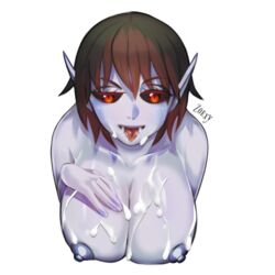 1:1 blue_skin bodily_fluids breasts cum cum_on_breasts cum_on_face elf female genital_fluids hair humanoid looking_at_viewer pointy_ears red_eyes red_hair runescape solo vampire zoexy