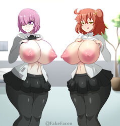 2girls areolae big_breasts black_legwear black_pantyhose chaldea_uniform fake_face fate/grand_order fate_(series) female fujimaru_ritsuka_(female) glasses gudako huge_breasts huge_thighs large_breasts mash_kyrielight naughty_face nipples one_eye_covered orange_hair pale-skinned_female pale_skin pantyhose purple_eyes purple_hair shirt_lift short_hair side_ponytail skirt thick_thighs yellow_eyes