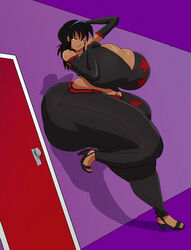 arm_sleeves ass ass_press bedbendersinc belt black_hair dark_skin door heels hips large_ass leaning_against_wall thick_thighs thighs