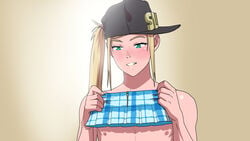 1boy alex_(tekuho) androgynous baseball_cap biting_lip blonde_hair blush crossdressing dressing femboy feminine_male girly green_eyes male male_only miniskirt original plaid_skirt pleated_skirt slut_cap solo teenager tekuho trap