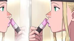 1boy 1femboy alex_(tekuho) androgynous applying_lipstick baseball_cap blonde_hair crossdressing femboy feminine_male girly green_eyes lipstick looking_in_mirror makeup male mascara original slut_cap solo solo_male teenager tekuho trap