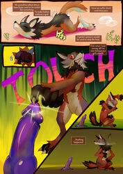 2020 anthro black_body black_fur canid canine canis closed_eyes comic english_text female fur grimart lying mammal masturbation motion_lines nervous on_front orange_background purple_dildo red_body red_fur red_wolf simple_background solo text white_body white_fur wolf