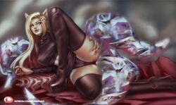 ahri alternate_costume animal_ears arm_support ass_grab black_legwear black_panties blonde_hair clothed fox_ears high_heel_boots high_heels k/da_ahri k/da_series league_of_legends long_hair lying nevandraws panties skirt skirt_lift smile solo solo_focus the_baddest_ahri thighhighs