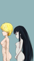 2girls black_hair blonde_hair blue_eyes long_hair multiple_girls size_comparison toorops