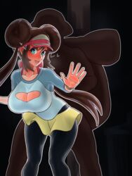 1boy 1girls against_wall bgbdm big_breasts black_leggings blush brown_hair double_bun eye_contact female from_behind_position fully_clothed large_breasts leggings looking_at_viewer nintendo pale-skinned_female pale_skin pokemon pokemon_bw2 rosa_(pokemon) sexually_suggestive skirt standing_sex sweat twintails