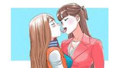 2girls blue_eyes blush brown_hair female female_only french_kiss green_eyes july_(tekuho) long_hair multiple_girls original tammy_(tekuho) teenager tekuho tongue_out wholesome yuri