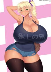 1girls big_breasts blonde blonde_hair booty_shorts breasts breasts_bigger_than_head cleavage clothed clothed_female female female_only gigantic_breasts green_eyes huge_breasts kainkout large_breasts short_shorts shorts solo solo_female thick_thighs thighhighs wide_hips