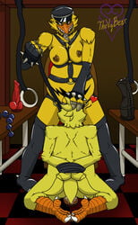 animatronic anthro ass avian beak belly big_breasts big_butt bird bodily_fluids bondage bracelet breasts broken chica_(fnaf) chicken claws clothing cunnilingus dildo domination dominatrix feathers female female/female female_domination five_nights_at_freddy's five_nights_at_freddy's_4 forced forced_cunnilingus forced_oral galliform gallus_(genus) genital_fluids genitals glowing glowing_eyes handwear harness hat headgear headwear heart hi_res human jewelry leather legwear machine mammal monster nightmare_chica_(fnaf) nipples non-mammal_breasts nude oral overweight overweight_female penetration phasianid purple_eyes pussy pussy_juice robot sex sex_toy sharp_teeth slightly_chubby spiked_bracelet spikes spread_legs spreading submissive submissive_female tail_feathers teeth thevgbear tongue tongue_out vaginal_penetration video_games whip yellow_body yellow_feathers yuri