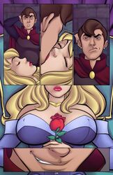 1boy 1girls aurora_(sleeping_beauty) big_breasts blonde_hair blue_dress breasts comic disney disney_prince disney_princess faking_sleep female kissing long_hair nipple_bulge prince prince_phillip princess r_ex royalty sleep_molestation sleeping sleeping_beauty_(1959_film) straight