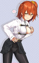 belt belt_buckle black_legwear black_pantyhose black_skirt blush breasts buckle chaldea_uniform fate/grand_order fate_(series) female female_protagonist fujimaru_ritsuka_(female) heart highres kisamu_(ksmz) nipples orange_hair panties panties_under_pantyhose pantyhose shirt side_ponytail skirt skirt_lift skirt_lifted_by_self smile thighs underwear white_panties white_shirt