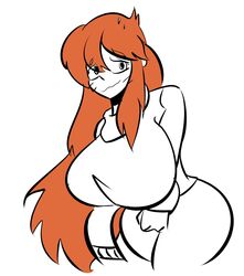 blush embarrassed female huge_ass huge_breasts human long_hair mildred_(artist) red_hair sketch smile solo wide_hips