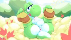 16:9 1boy 2020 anthro anus ass balls blue_eyes clothing footwear genitals lapatte looking_at_viewer male male_only mario_(series) nintendo penis scalie solo tongue tongue_out video_games widescreen yoshi yoshi's_island