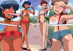 2020 2girls armpits ass bandeau blue_eyes blush breasts chocolate_and_vanilla curvaceous dark-skinned_female dark_skin eating eye_contact female female_only full_body fushigi_no_umi_no_nadia gainax green_eyes human ice_cream imminent_sex large_breasts light-skinned_female light_skin long_hair microskirt miniskirt multiple_girls nadia_la_arwall no_panties open_toe_shoes outdoors patricia popsicle princess purple_hair pussy pussy_peek revealing_clothes short_black_hair short_dark_hair short_hair short_shorts shorts skirt standing suspenders sweat tagme tekuho the_twins_at_st_clare's wide_hips yuri