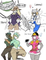 1boy 4girls big_breasts binoculars blonde_hair blouse blue_eyes blue_pants boots breasts brown_eyes brown_gloves brown_pants clothed clothes clothing covered_breasts dialogue diego_brando english_text female frown genderswap gloves green_eyes green_lips green_lipstick gyro_zeppeli hat helmet horse hot_pants_(jjba) jacket johnny_joestar jojo's_bizarre_adventure large_breasts lipstick long_hair male mannungei medium_hair midriff pants pink_blouse pink_clothing pink_hair plain_background purple_jacket rule_63 shirt short_hair simple_background smile speech_bubble steel_ball_run teeth text trap white_background white_shirt