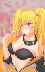 1girls bare_shoulders blonde_hair blue_eyes blush bra canon_genderswap cleavage clothing facial_markings female female_only forehead_protector gender_transformation genderswap genderswap_(mtf) hanatopia jacket long_hair naruko naruto naruto_(series) naruto_shippuden rule_63 sexy_no_jutsu smile solo tied_hair twintails unzipped upper_body uzumaki_naruto whisker_markings