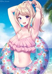 :) :3 adjusting_hair ahoge akamatsu_kaede armpits arms_behind_head arms_up artist_name beach belly big_breasts bikini bikini_bottom bikini_top blonde_hair blush blushing breasts cleavage cute danganronpa danganronpa_s:_ultimate_summer_camp danganronpa_v3 detailed_eyes female female_only fixing_hair frills hairclip hands_behind_head human human_only large_breasts light-skinned_female light_skin looking_at_viewer navel new_danganronpa_v3 ocean pale-skinned_female pale_skin pink_bikini pink_bikini_bottom pink_bikini_top pink_swimsuit ponytail purple_eyes sea sky smile smiling smiling_at_viewer stomach straight_hair swimsuit tying_hair wholesome