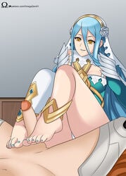 1boy 1girls alternate_costume azura_(fire_emblem) azura_(resplendent)_(fire_emblem) bare_legs bare_thighs big_breasts blue_hair blue_nails corrin_(fire_emblem) corrin_(fire_emblem)_(male) cousins feet fire_emblem fire_emblem_fates fire_emblem_heroes foot_fetish footjob incest light_blue_hair long_hair nintendo omegazero01 panties pantyshot smile thighs white_panties yellow_eyes