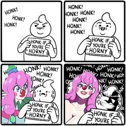 1boy 1girls 2020 blue_eyes clown clown_girl clown_makeup clown_nose comic edit english_text holding_sign honk horny lemonfont long_hair looking_at_viewer meme nickels_(lemonfont) pink_hair smile smug sound_effects sweatdrop unknown_source