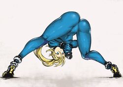 1girls ass ass_focus big_ass bimbo blonde_hair blue_eyes female female_protagonist metroid nintendo samus_aran spread_legs thick_thighs thighs tsunamino_yuu zero_suit zero_suit_samus