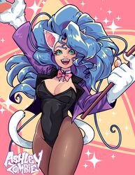 animal_ears ashleyzombie blue_eyebrows blue_hair bunnysuit capcom cat_ears catgirl clothing darkstalkers detached_collar fangs felicia_(darkstalkers) feline feline_humanoid female female_only green_eyes holding_object long_hair medium_breasts pantyhose pawpads pose ribbon slit_pupils solo solo_female stick tail very_high_resolution white_fur