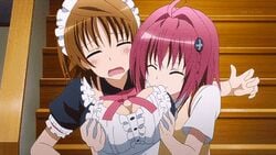 16:9_aspect_ratio 2girls age_difference animated blue_eyes breast_grab breasts brown_hair cleavage clothing genderswap_(mtf) green_eyes groping ig_port iguchi_yuka kurosaki_mea large_breasts low_resolution maid multiple_girls neck_ribbon open_mouth pink_hair ribbon rule_63 school_uniform screen_capture screencap stairs teenager to_love-ru to_love-ru_darkness xebec yuuki_rito yuusaki_riko