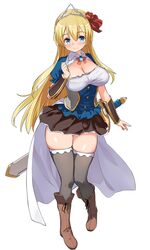 big_breasts blonde_hair blue_hair boots cape cleavage flower_in_hair princess princess_meeyu princess_project skirt smile sword thighs white_skin younger_female