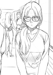 1boy 3girls anna_(tekuho) female glasses looking_back original sketch teenager tekuho